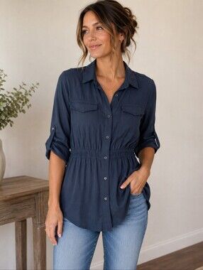 Richard Chai Navy Button-Front Utility Shirt